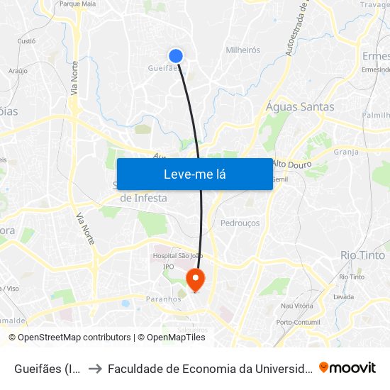 Gueifães (Igreja) to Faculdade de Economia da Universidade do Porto map