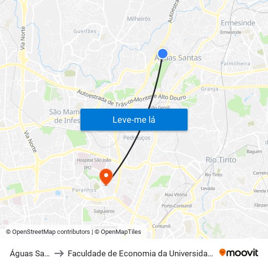 Águas Santas to Faculdade de Economia da Universidade do Porto map