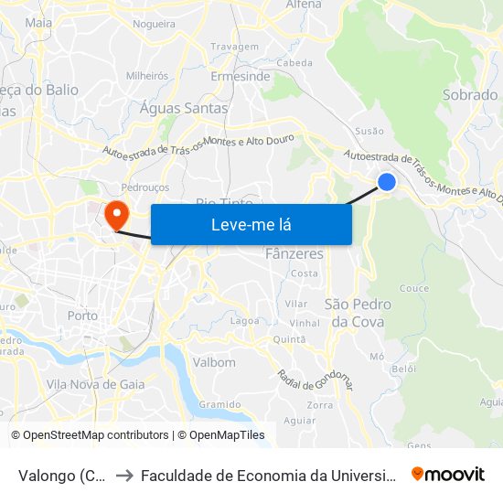 Valongo (Centro) to Faculdade de Economia da Universidade do Porto map