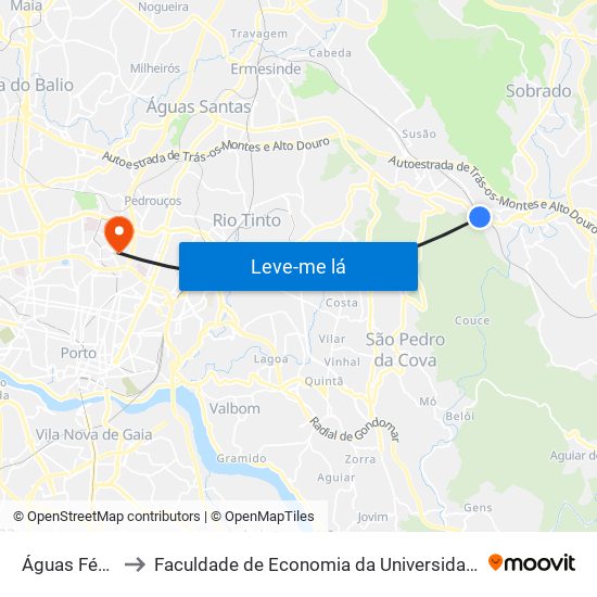 Águas Férreas to Faculdade de Economia da Universidade do Porto map