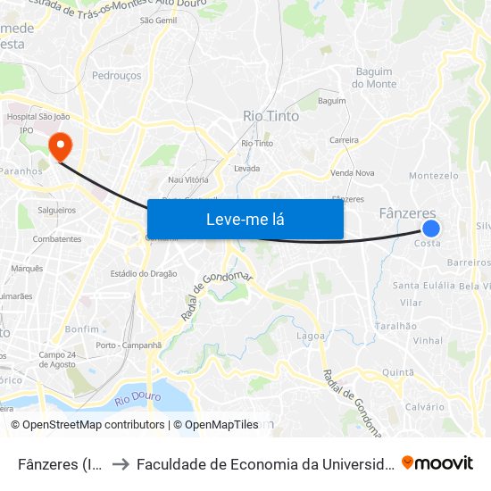 Fânzeres (Igreja) to Faculdade de Economia da Universidade do Porto map