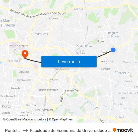 Pontelhas to Faculdade de Economia da Universidade do Porto map