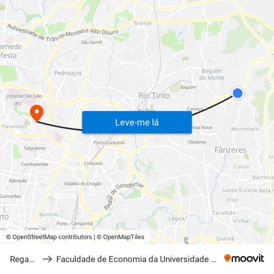Regadas to Faculdade de Economia da Universidade do Porto map