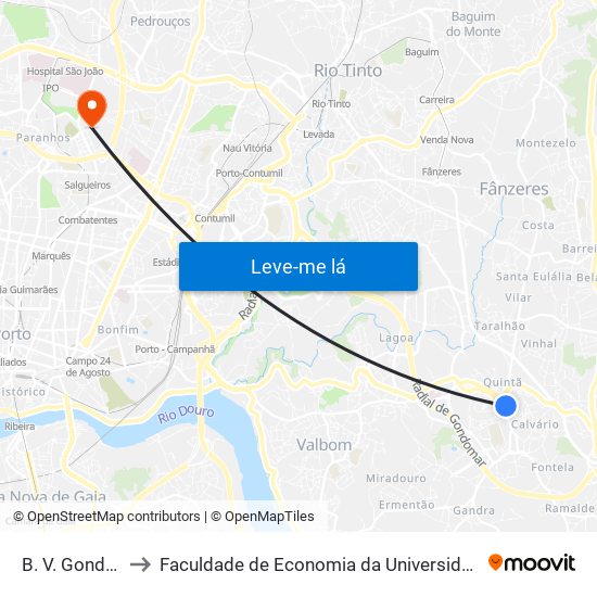 B. V. Gondomar to Faculdade de Economia da Universidade do Porto map