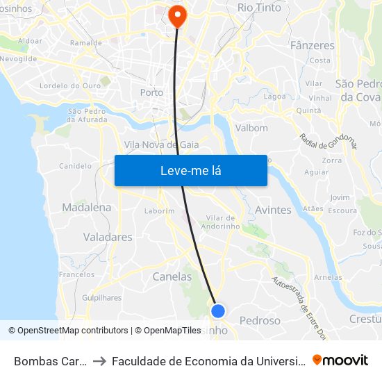 Bombas Carvalhos to Faculdade de Economia da Universidade do Porto map