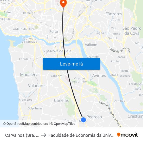 Carvalhos (Sra. da Saúde) to Faculdade de Economia da Universidade do Porto map