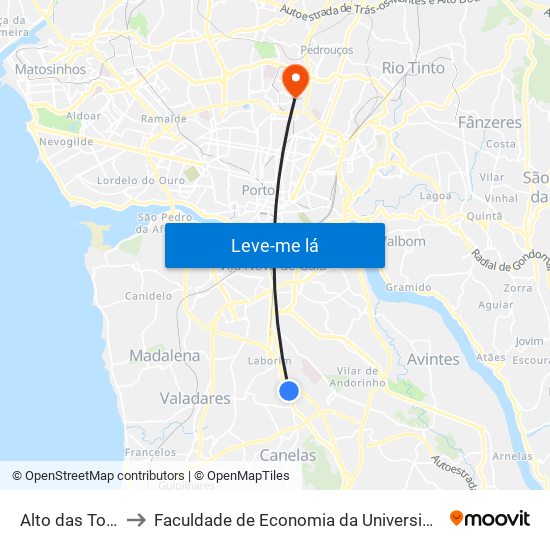 Alto das Torres 2 to Faculdade de Economia da Universidade do Porto map