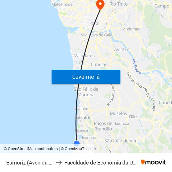 Esmoriz (Avenida da Praia 2) to Faculdade de Economia da Universidade do Porto map