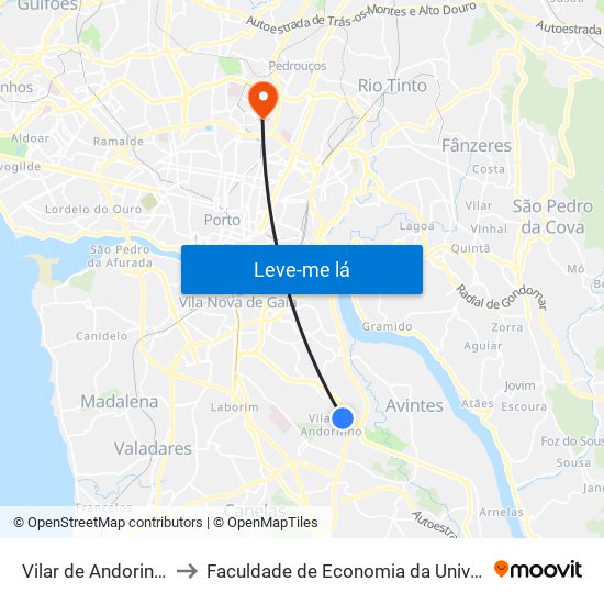 Vilar de Andorinho (Igreja) to Faculdade de Economia da Universidade do Porto map
