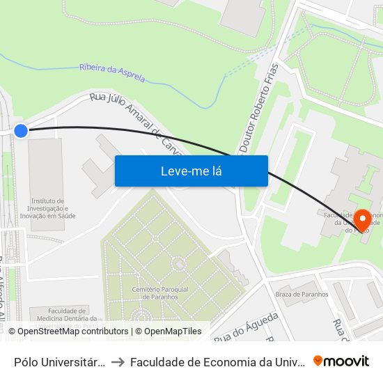 Pólo Universitário (Metro) to Faculdade de Economia da Universidade do Porto map