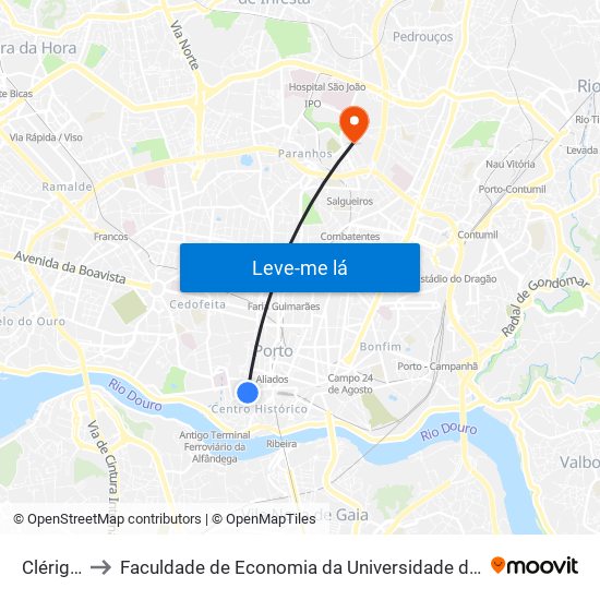 Clérigos to Faculdade de Economia da Universidade do Porto map