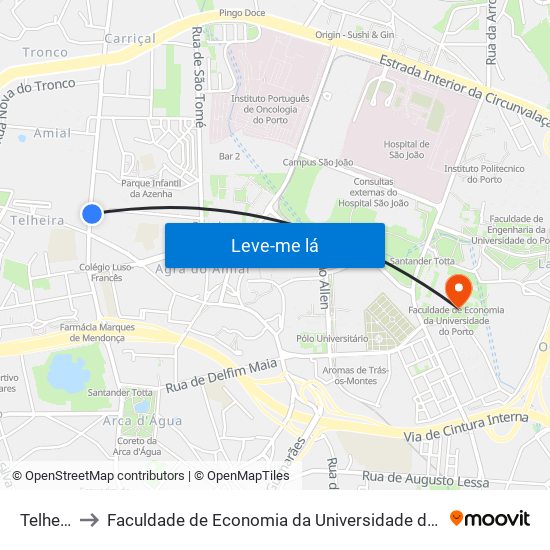 Telheira to Faculdade de Economia da Universidade do Porto map