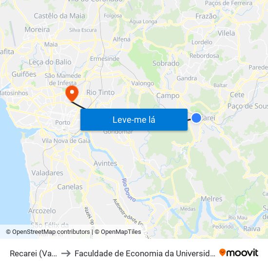 Recarei (Valvide) to Faculdade de Economia da Universidade do Porto map