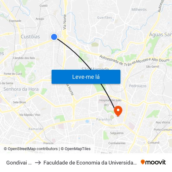 Gondivai (Sul) to Faculdade de Economia da Universidade do Porto map
