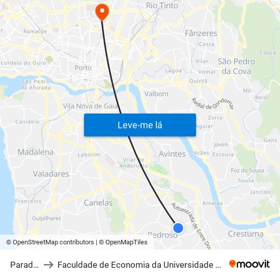 Paradela to Faculdade de Economia da Universidade do Porto map