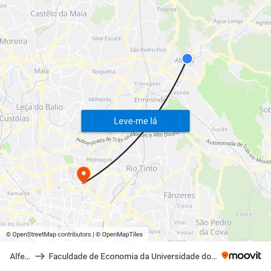 Alfena to Faculdade de Economia da Universidade do Porto map