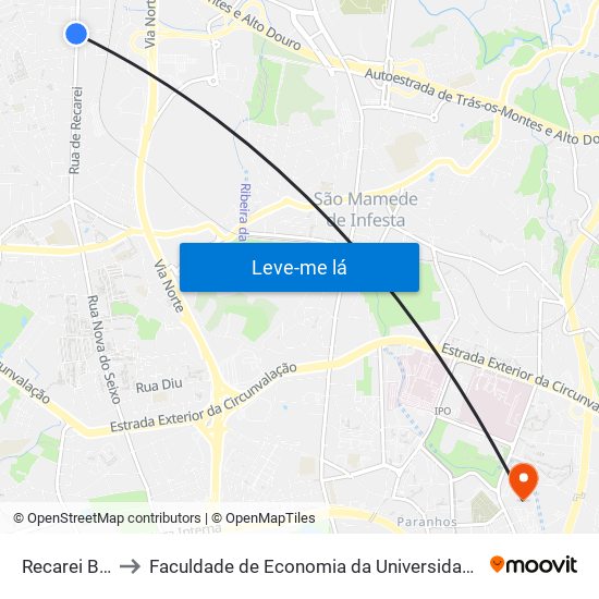 Recarei Baixo to Faculdade de Economia da Universidade do Porto map