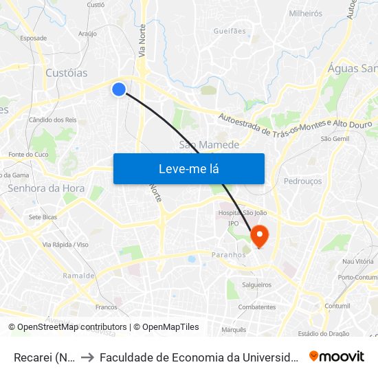 Recarei (Norte) to Faculdade de Economia da Universidade do Porto map