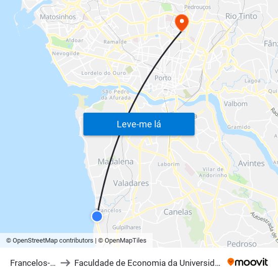 Francelos-Praia to Faculdade de Economia da Universidade do Porto map