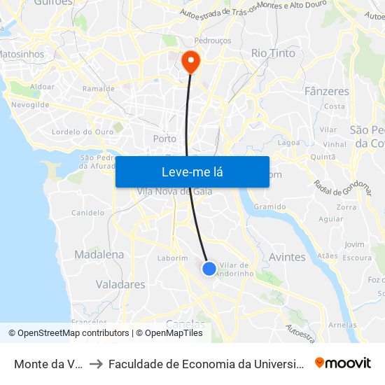 Monte da Virgem to Faculdade de Economia da Universidade do Porto map