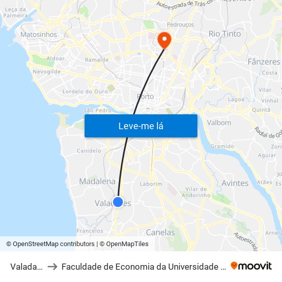 Valadares to Faculdade de Economia da Universidade do Porto map