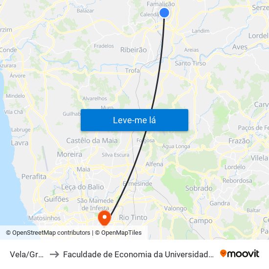 Vela/Granja to Faculdade de Economia da Universidade do Porto map