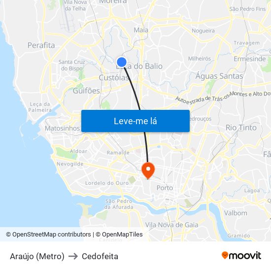 Araújo (Metro) to Cedofeita map