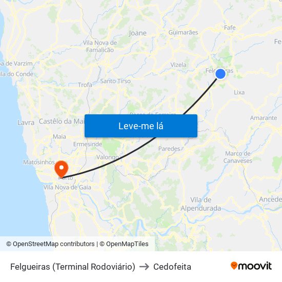 Felgueiras (Terminal Rodoviário) to Cedofeita map