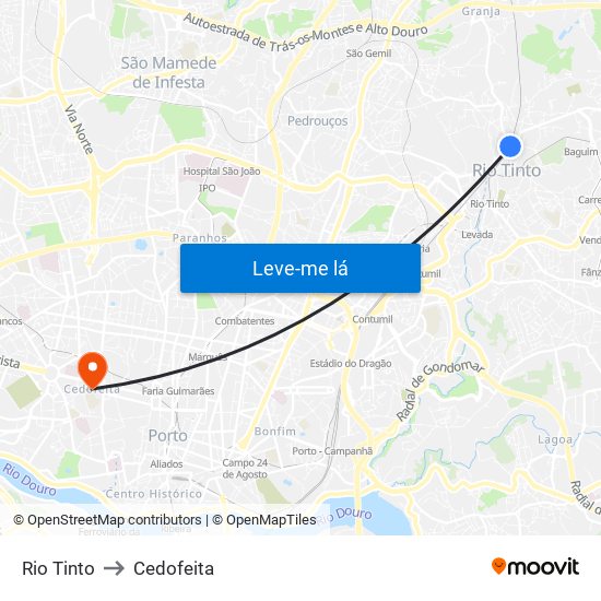 Rio Tinto to Cedofeita map