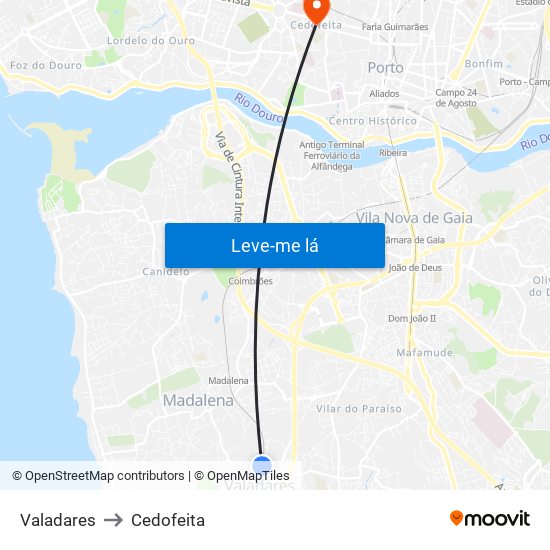 Valadares to Cedofeita map