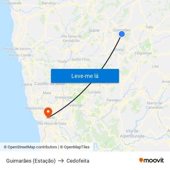 Guimarães (Estação) to Cedofeita map