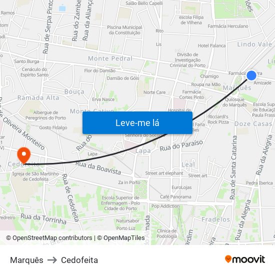Marquês to Cedofeita map