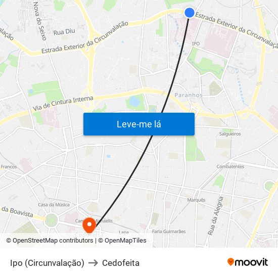 Ipo (Circunvalação) to Cedofeita map