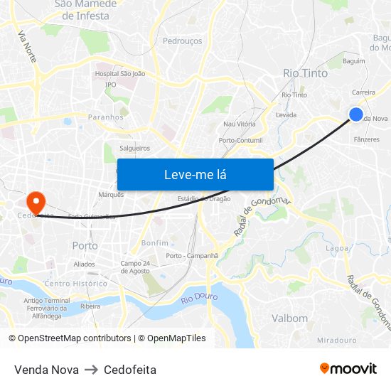 Venda Nova to Cedofeita map
