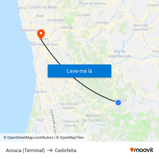 Arouca (Terminal) to Cedofeita map