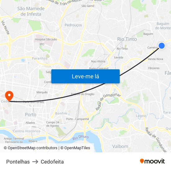 Pontelhas to Cedofeita map