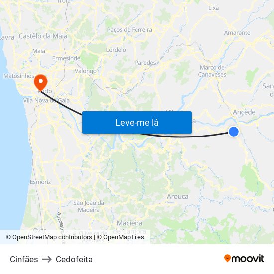 Cinfães to Cedofeita map
