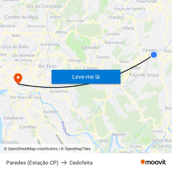 Paredes (Estação CP) to Cedofeita map