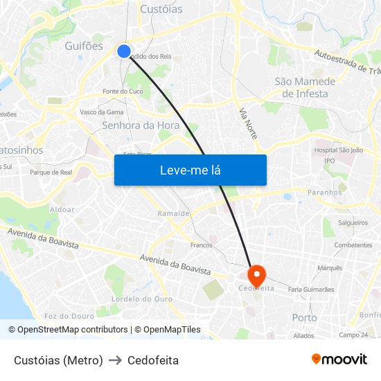 Custóias (Metro) to Cedofeita map