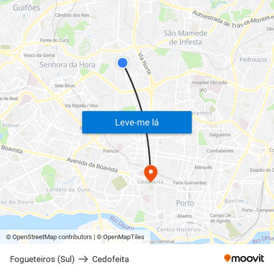Fogueteiros (Sul) to Cedofeita map