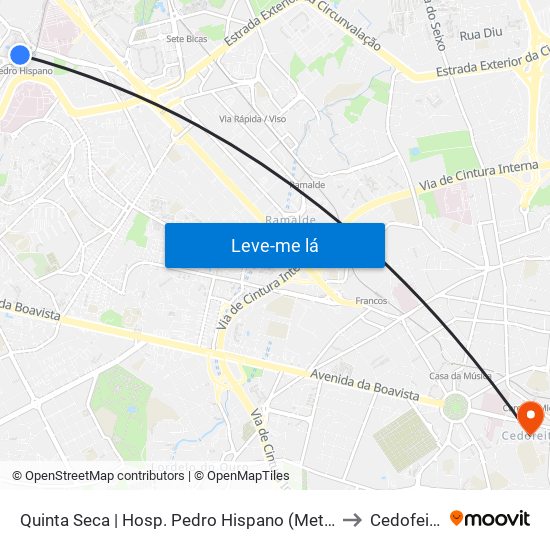 Quinta Seca | Hosp. Pedro Hispano (Metro) to Cedofeita map