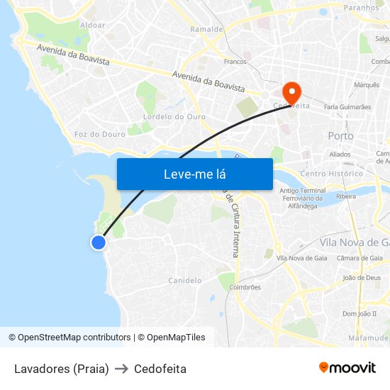 Lavadores (Praia) to Cedofeita map
