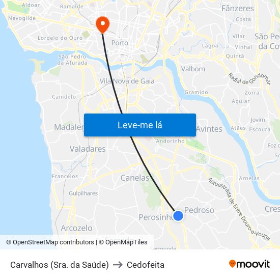 Carvalhos (Sra. da Saúde) to Cedofeita map