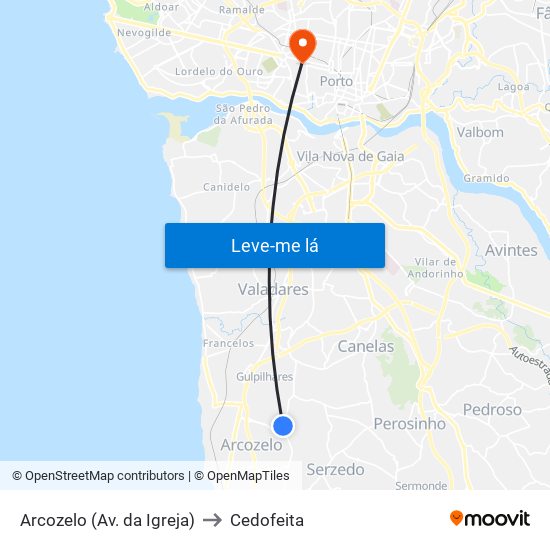 Arcozelo (Av. da Igreja) to Cedofeita map