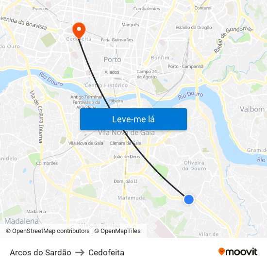 Arcos do Sardão to Cedofeita map