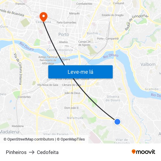 Pinheiros to Cedofeita map