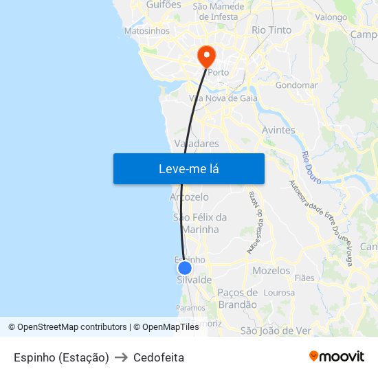 Espinho (Estação) to Cedofeita map