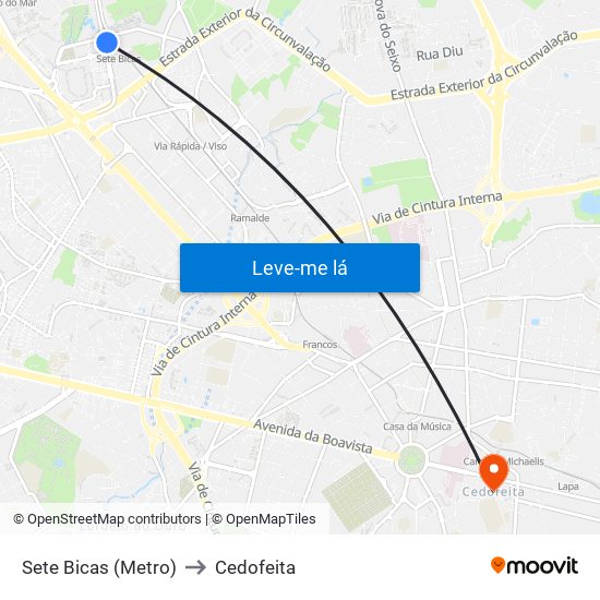 Sete Bicas (Metro) to Cedofeita map