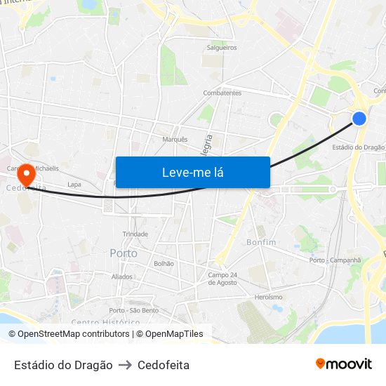Estádio do Dragão (Terminal) to Cedofeita map