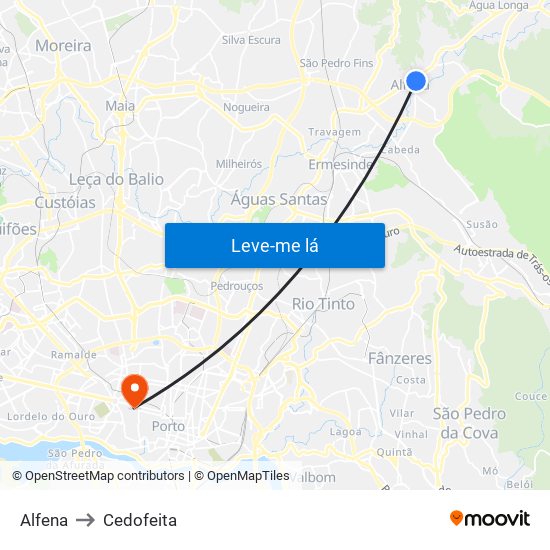 Alfena to Cedofeita map